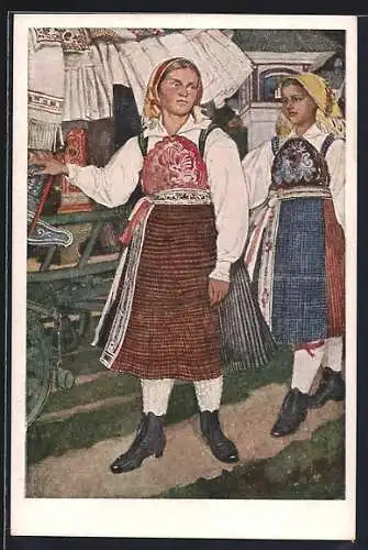 Künstler-AK Kärntner Mädchen an einem Gailtaler Brautwagen