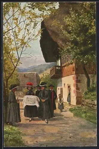 Künstler-AK H. Hoffmann: Familie in traditioneller Kleidung nach der Kindtaufe