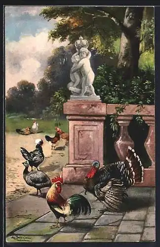 Künstler-AK Alfred Schönian: Geflügel & Statue