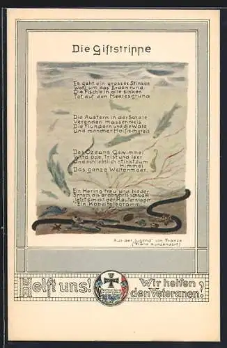 AK Die Giftstrippe, Gedicht von Franz Kunzendorf, ein Telegrammkabel liegt im Meer