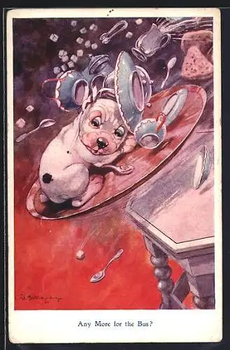Künstler-AK George Ernest Studdy: Bonzo rutscht auf einem Tablett vom Tisch