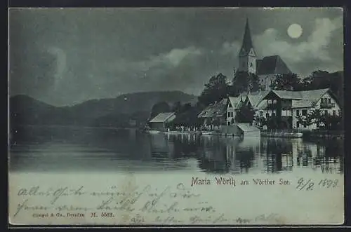 Mondschein-AK Maria Wörth am Wörther See, Seepartie mit Blick auf den Ort