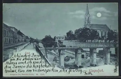 Mondschein-AK Klagenfurt, Lend, Flusspartie mit Brücke