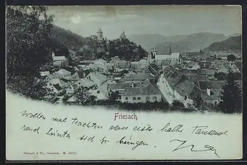 Mondschein-AK Friesach, Ortsansicht aus der Vogelschau