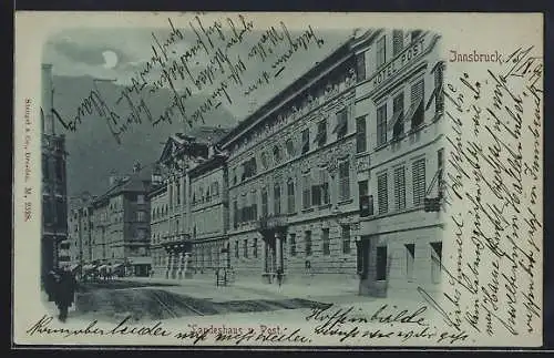 Mondschein-AK Innsbruck, Landeshaus und Post mit Passanten