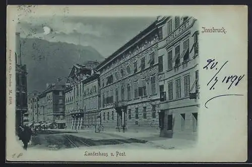 Mondschein-AK Innsbruck, Landeshaus und Post