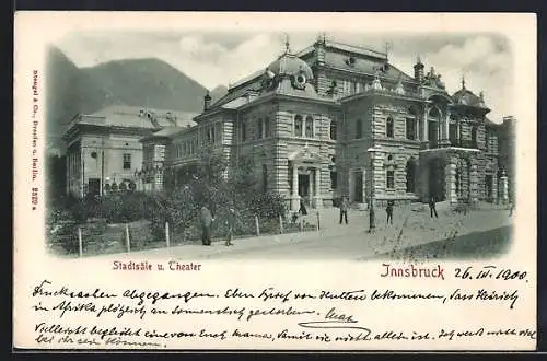 AK Innsbruck, Stadtsäle und Theater mit Passanten