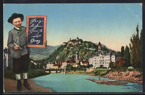 AK Graz, Ortsansicht und Junge mit Schiefertafel