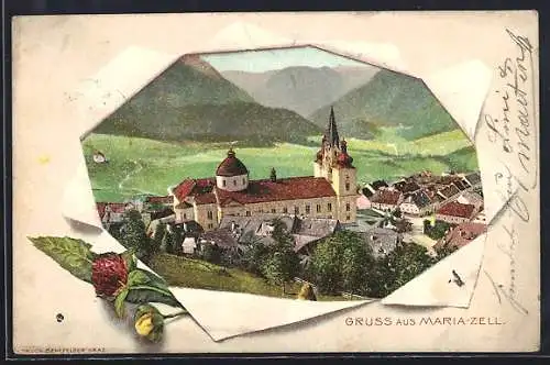 Passepartout-AK Maria-Zell, Blick auf die Basilika