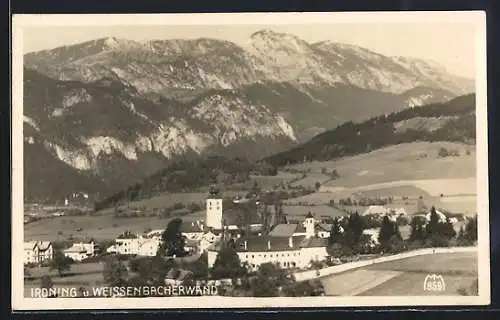 AK Irdning, Teilansicht mit Kirche und Weissenbacherwand