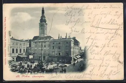 AK St. Pölten, Herrenplatz mit Geschäften, Rathaus und Denkmal