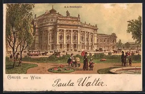 Lithographie Wien, K. k. Burgtheater mit Pferdebahn