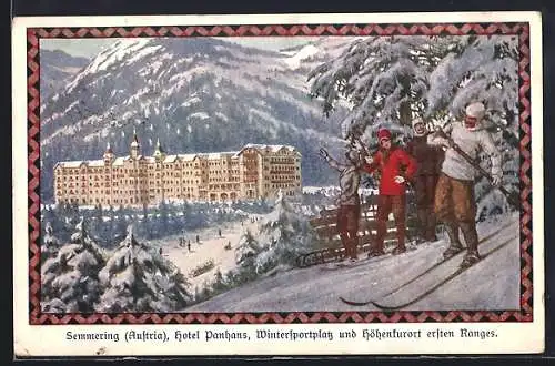 AK Semmering, Hotel Panhans, Leute auf Skiern