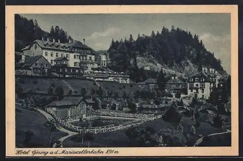 AK Gösing a.d. Mariazellerbahn, Ausblick auf das Berghotel mit Parkanlagen