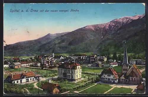 AK Spittal a.d. Drau, Ortspartie mit neuer evangel. Kirche
