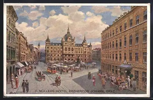 Künstler-AK Graz, Hotel Erzherzog Johann, Bes. F. Müller