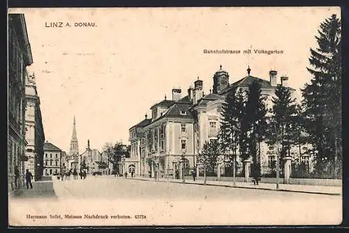 AK Linz a. Donau, Bahnhofstrasse mit Volksgarten