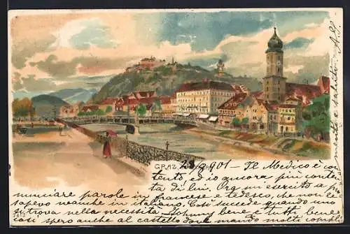Künstler-AK Graz, Ortsansicht mit dem Schlossberg