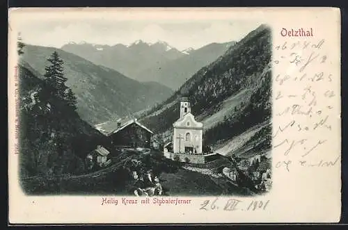 AK Sölden, Heilig Kreuz im Oetzthal, Kirche mit Stubaierferner