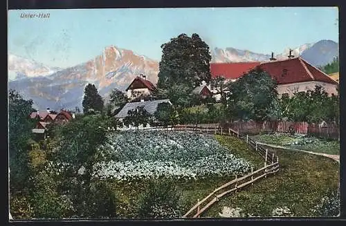 AK Unter-Hall, Ortspartie mit Bergen