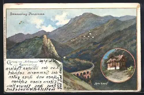 Lithographie Semmering, Gasthaus Orthof, Panorama