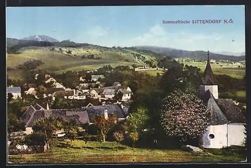 AK Sittendorf, Ortsansicht mit Kirche und Fernblick