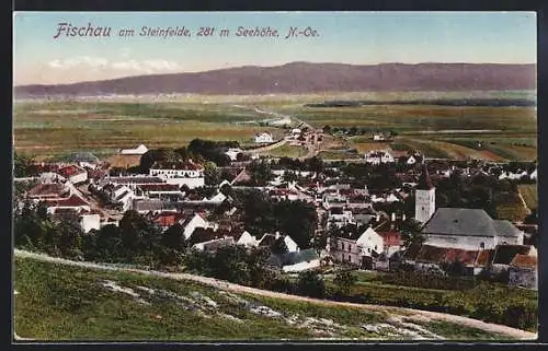 AK Fischau am Steinfelde, Ortsansicht mit Berglandschaft