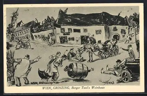 Wirtshaus-AK Wien XIX, Grinzing, Berger Tonis Weinhaus, Karikatur aus der Sicht eines Betrunkenen
