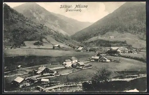 AK Mössna /Sölktal, Blick auf den Ort mit Bergen im Hintergrund