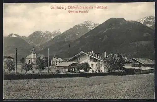 AK Schönberg /Stubaital, Ortsansicht mit Gasthaus Domanig und Kalkkögel