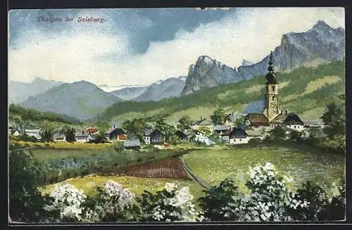 Künstler-AK Thalgau bei Salzburg, Ortspartie mit Kirche