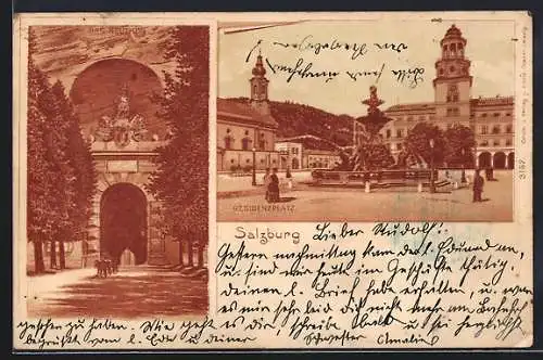 Lithographie Salzburg, Residenzplatz mit Brunnen, Neutor