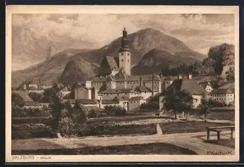 Künstler-AK Salzburg, Mülln, Schloss mit Bergen