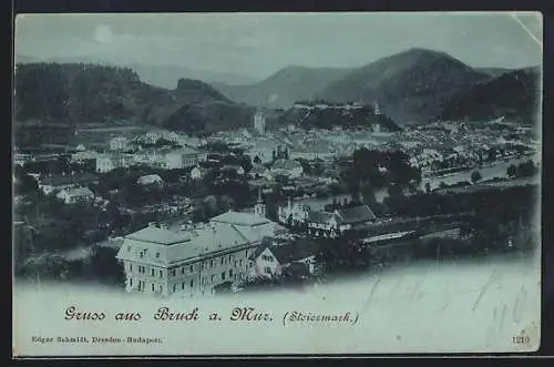 Mondschein-AK Bruck a. Mur, Teilansicht mit Bergen