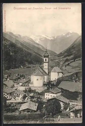 AK Gossensass, Ortsansicht mit Feuerstein, Ferner- und Schneespitze