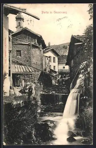 AK Gossensass, Ortspartie am Wasserfall