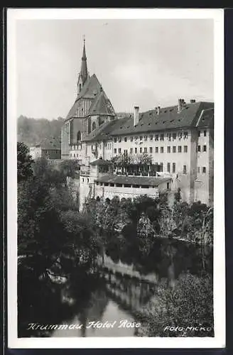 AK Krumau / Cesky Krumlov, Flusspartie und Hotel Rose