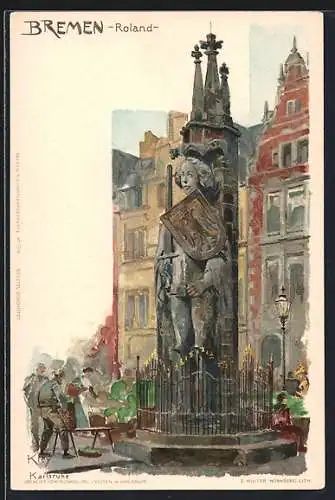 Künstler-Lithographie Heinrich Kley: Bremen, Ansicht des Rolands