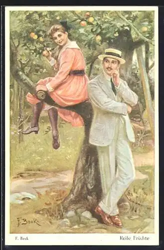 Künstler-AK sign. F. Beck: Reife Früchte, Liebespaar