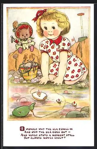 Künstler-AK sign. Phyllis M. Purser: Mädchen mit Puppe am Strand
