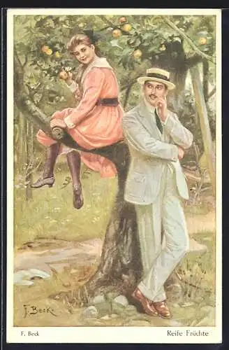 Künstler-AK sign. F. Beck: Reife Früchte, Liebespaar