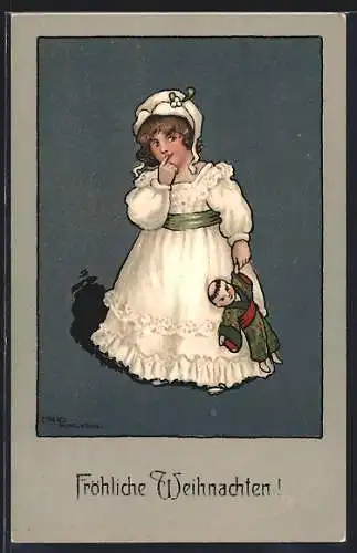 Künstler-AK Ethel Parkinson: Mädchen mit Puppe in der Hand, Weihnachtsgruss