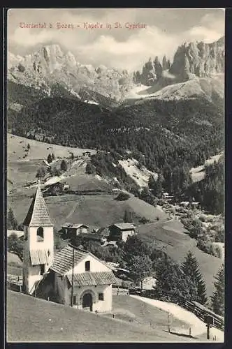 AK St. Cyprian b. Bozen, Blick auf die Kapelle im Tiersertal