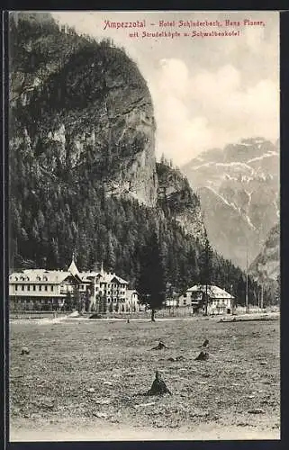 AK Schluderbach, Ampezzotal, Hotel Schluderbach, Hans Ploner, mit Strudelköpfe und Schwalbenkofel