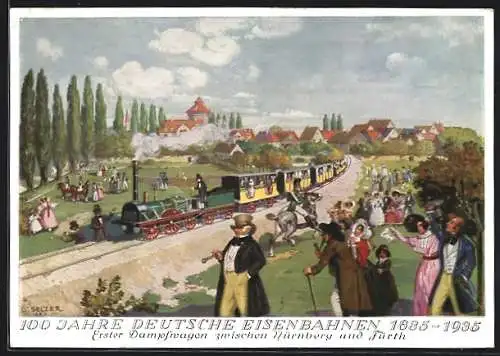 AK Gäste bei der ersten Bahnfahrt eines Dampfwagens zwischen Nürnberg und Fürth