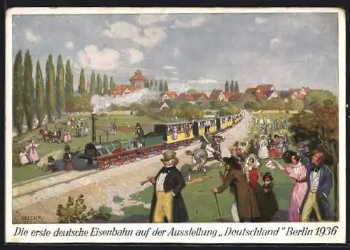 Künstler-AK Selzer: Berlin, Die erste deutsche Eisenbahn auf der Ausstellung Deutschland 1936