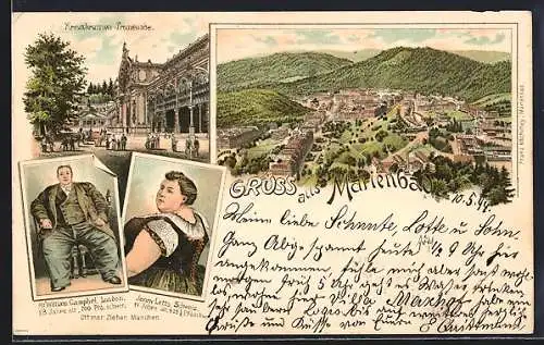 Vorläufer-Lithographie Marienbad, 1894, Kreuzbrunnen-Promenade, Gesamtansicht, Übergewichtige Kurgäste