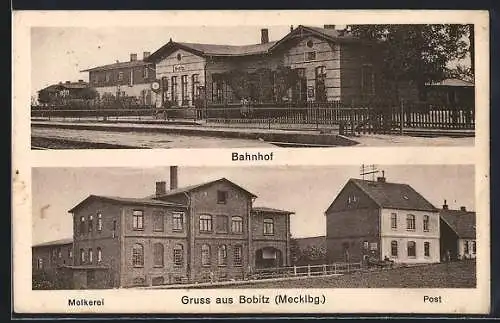 AK Bobitz /Mecklbg., Bahnhof, Molkerei, Post