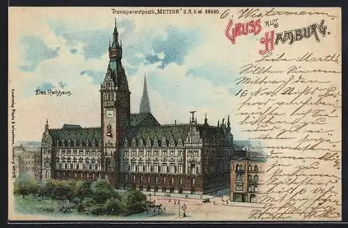 Lithographie Hamburg, Totalansicht des Rathauses, Halt gegen das Licht