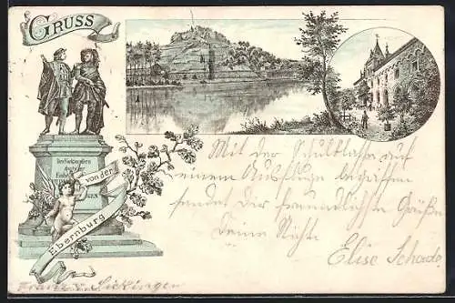 Vorläufer-Lithographie Ebernburg, 1893, Ortsansicht, Denkmal